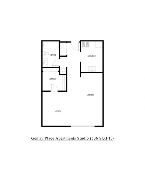 Floor plan for studio, 1 bath, 536 sqft